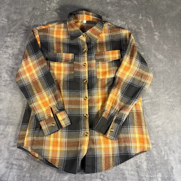 SHEIN Tops - SHEIN women’s Plaid Button-Up Shirt Orange and Gray M
